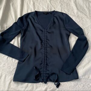 Ted Baker Sz 1 SMALL BANIY Navy Blue V-Neck Long-Sleeve Ruched Wool Sweater Top